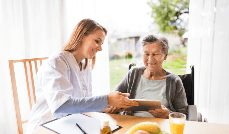 woman talking with a senior